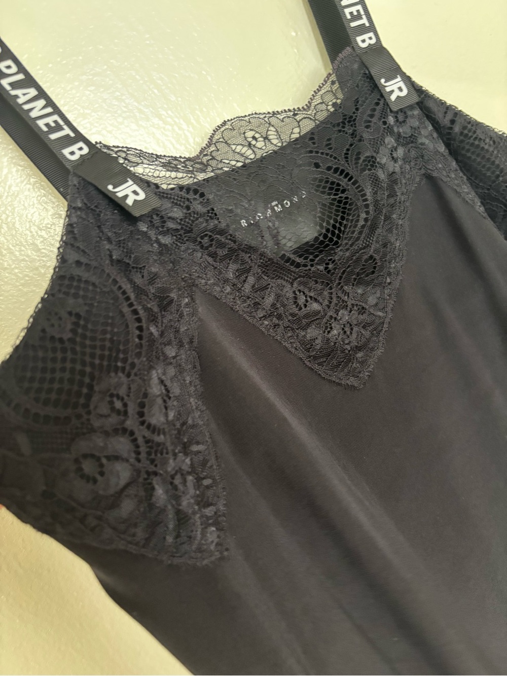 John Richmond Black 100% silk Lace-Trim Cami Top with Branded Straps - Picture 2 of 8